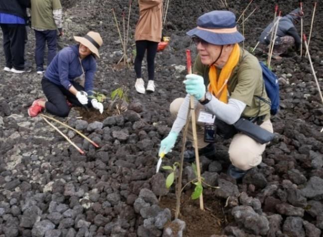 バツール山の溶岩台地に苗木を植えるツアー参加者
